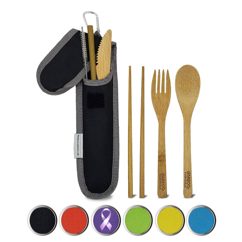 Bamboo Essentials Travel Utensils with Case Set Fork, Knife, Spoon, Chopsticks, Straw, Straw-cleaning brush, Travel Pouch and Carabiner, Excellent For Everyday Use! ((1Set) Midnight Black) - Image 1